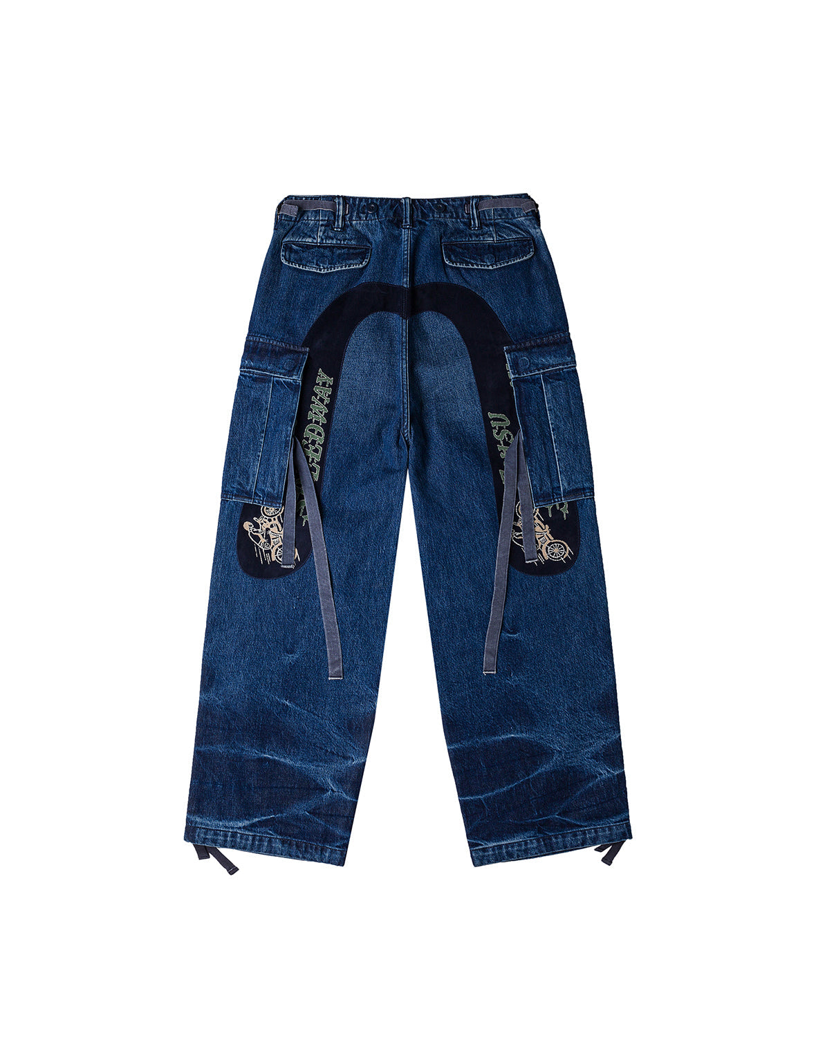 ウォッシュ大黒刺繍ワイドレッグカーゴジーンズ